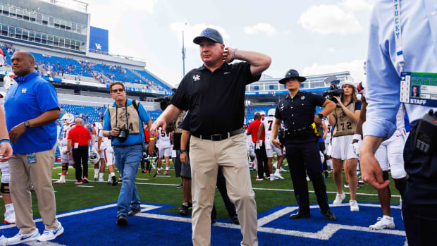 Sep 2, 2023; Lexington, Kentucky, USA; Kentucky Wildcats head coach Mark Stoops waits for a postgame interview after the game against the Ball State Cardinals at Kroger Field. Mandatory Credit: Jordan Prather-USA TODAY Sports