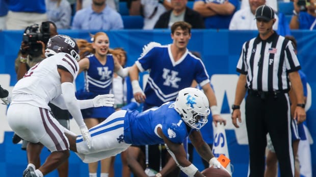 Kentucky Wildcats running back Ray Davis (1) dives into the end zone to make the final Wildcat touchdown against EKU Saturday. Davis had 52 yards rushing and 36 years receiving with one touchdown, Sept. 9, 2023.