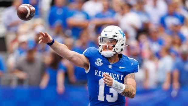 Sep 9, 2023; Lexington, Kentucky, USA; Kentucky Wildcats quarterback Devin Leary (13) throws a pass during the second quarter against the Eastern Kentucky Colonels at Kroger Field. Mandatory Credit: Jordan Prather-USA TODAY Sports