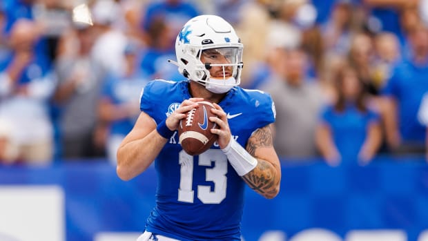 Sep 9, 2023; Lexington, Kentucky, USA; Kentucky Wildcats quarterback Devin Leary (13) during the second quarter against the Eastern Kentucky Colonels at Kroger Field. Mandatory Credit: Jordan Prather-USA TODAY Sports