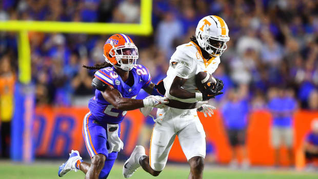 Florida cornerback Jaydon Hill chases Tennessee wide receiver Dont'e Thornton after the Gators' 29-16 win over the Volunteers on Sept. 16, 2023.