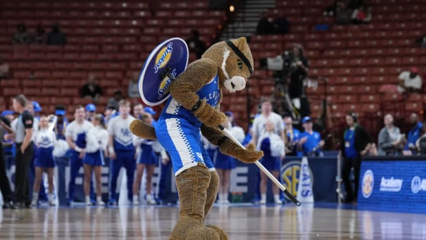 Mar 3, 2023; Greenville, SC, USA; Kentucky Wildcats mascot Wildcat entertains the crowd in the second half at Bon Secours Wellness Arena. Mandatory Credit: David Yeazell-USA TODAY Sports