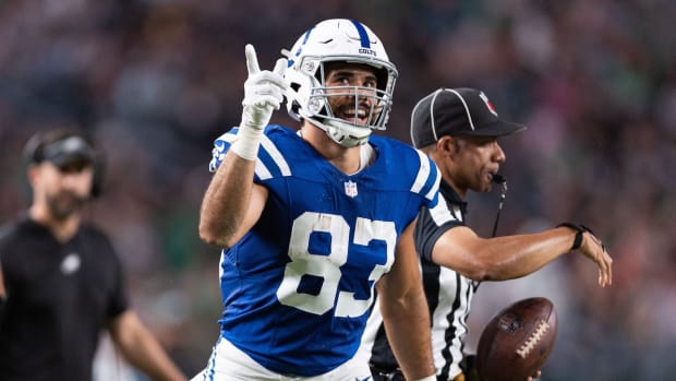 Aug 24, 2023; Philadelphia, Pennsylvania, USA; Indianapolis Colts tight end Kylen Granson (83) reacts against the Philadelphia Eagles at Lincoln Financial Field.