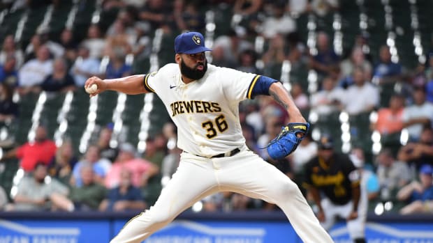 Brewers pitcher J.C. Mejía pitches during Milwaukee's 14-1 win over the Pirates on Aug. 3, 2023.