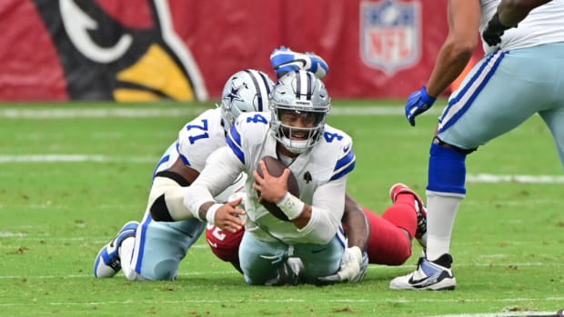 Jacksonville Jaguars quarterback C.J. Beathard (3) scores during the first  half of an NFL preseason football game against the Dallas Cowboys,  Saturday, Aug. 12, 2023, in Arlington, Texas. (AP Photo/Michael Ainsworth  Stock