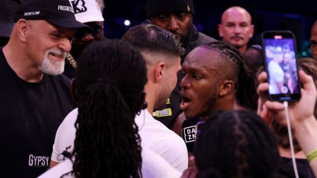  KSI and Tommy Fury confront each other in the ring after KSI (JJ Olajide Olatunji) (R) knocks out Joe Fournier during their X Series 007 MF Cruiserweight Championship bout at Wembley Arena on May 13, 2023 in London, England.  Paul Harding/Getty Images