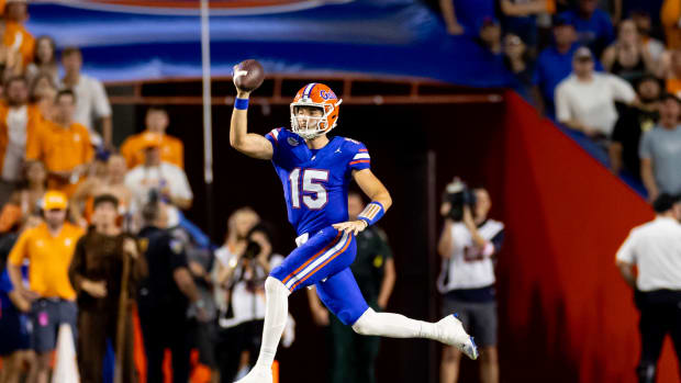 Sep 16, 2023; Gainesville, Florida, USA; Florida Gators quarterback Graham Mertz (15) fakes a pass during the first half against the Tennessee Volunteers at Ben Hill Griffin Stadium. Mandatory Credit: Matt Pendleton-USA TODAY Sports