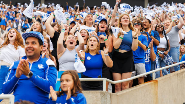 Sep 9, 2023; Lexington, Kentucky, USA; Kentucky Wildcats fans cheer after a touchdown during the second quarter against the Eastern Kentucky Colonels at Kroger Field. Mandatory Credit: Jordan Prather-USA TODAY Sports