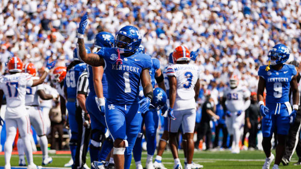 Sep 30, 2023; Lexington, Kentucky, USA; Kentucky Wildcats running back Ray Davis (1) celebrates a touchdown during the second quarter against the Florida Gators at Kroger Field. Mandatory Credit: Jordan Prather-USA TODAY Sports