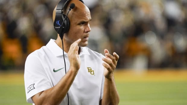 Sep 2, 2023; Waco, Texas, USA; Baylor Bears head coach Dave Aranda on the side lines during the second half against the Texas State Bobcats at McLane Stadium. Mandatory Credit: Raymond Carlin III-USA TODAY Sports