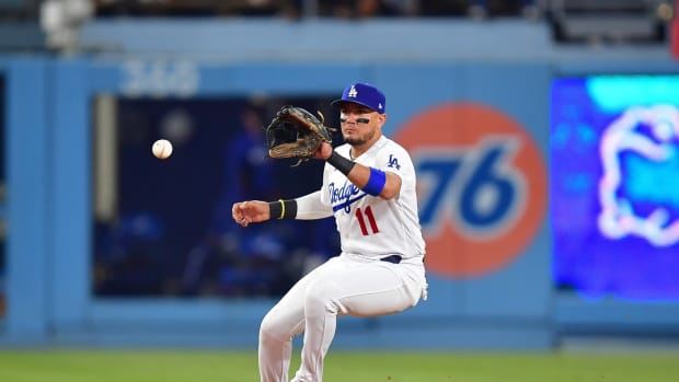 LOS ANGELES, CA - JULY 21: Los Angeles Dodgers third baseman Max Muncy  (13), Los Angeles Dodgers left fielder Gavin Lux (9), Los Angeles Dodgers  shortstop Trea Turner (6) and Los Angeles