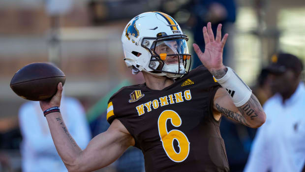 Josh Allen celebrates Wyoming's upset win over Patrick Mahomes' Texas Tech