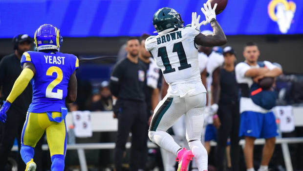 Philadelphia Eagles wide receiver A.J. Brown (11) celebrates after an NFL  football game against the Washington Commanders, Sunday, Sept. 25, 2022 in  Landover, Md. (AP Photo/Daniel Kucin Jr Stock Photo - Alamy