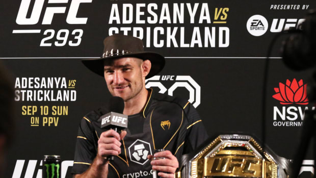 UFC middleweight champion Sean Strickland speaks during UFC 293 post-fight press conference.