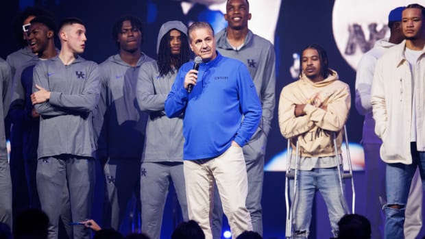 Oct 14, 2022; Lexington, Kentucky, US; Kentucky Wildcats head coach John Calipari talks to the crowd during Big Blue Madness at Rupp Arena at Central Bank Center. Mandatory Credit: Jordan Prather-USA TODAY Sports