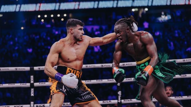 Tommy Fury(L) punches KSI(R) during the match. KSI, 30 already demanded for a rematch and announced his intention to challenge the decision as he felt robbed of the victory. WASSERMAN BOXING/MISFITS.