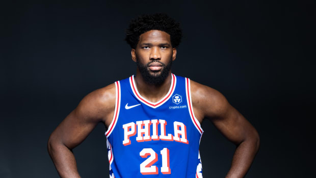 76ers center Joel Embiid at Philadelphia's media day on Oct. 2, 2023.