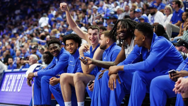 Oct 13, 2023; Lexington, KY, USA; Kentucky Wildcats forward Zvonimir Ivisic (44) reacts as the student sections chants Big Z during Big Blue Madness at Rupp Arena at Central Bank Center. Mandatory Credit: Jordan Prather-USA TODAY Sports