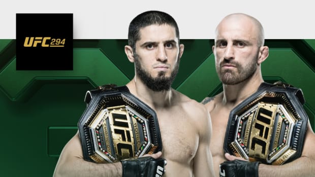 UFC 294 graphic for the UFC Lightweight Championship rematch between Islam Makhachev and Alex Volkanovski.