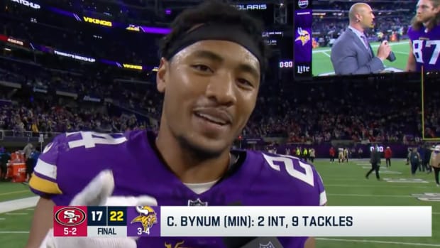 Vikings defensive back Camryn Bynum speaks with NFL Network after a win.