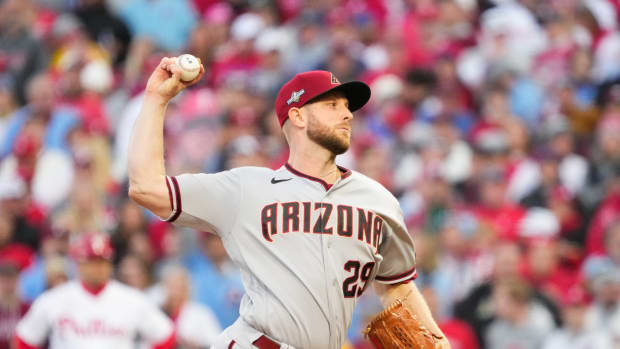 Merrill Kelly (29) pitches in Game 6 of the National League Championship Series at Citizens Bank Park in Philadelphia.