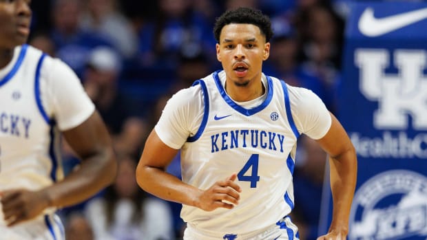 Oct 27, 2023; Lexington, KY, USA; Kentucky Wildcats forward Tre Mitchell (4) runs down the court during the first half against the Georgetown Tigers at Rupp Arena. Mandatory Credit: Jordan Prather-USA TODAY Sports