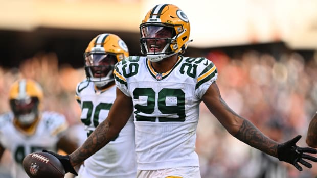 Former Packers cornerback Rasul Douglas celebrates after a fumble.