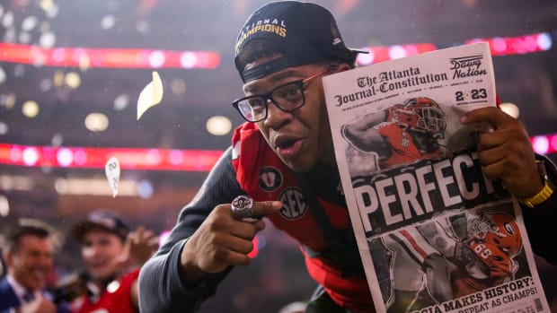 Georgia linebacker Nolan Smith celebrates after the Bulldogs' 65-7 win over TCU in the national championship on Jan. 9, 2023.