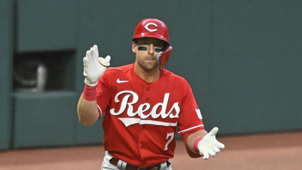 Sep 26, 2023; Cleveland, Ohio, USA; Cincinnati Reds left fielder Spencer Steer (7) celebrates his RBI triple in the third inning against the Cleveland Guardians at Progressive Field. Mandatory Credit: David Richard-USA TODAY Sports  