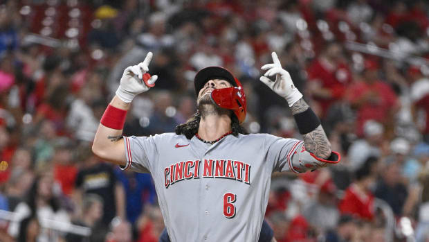 Sep 29, 2023; St. Louis, Missouri, USA; Cincinnati Reds second baseman Jonathan India (6) reacts after hitting a two run home run against the St. Louis Cardinals during the second inning at Busch Stadium. Mandatory Credit: Jeff Curry-USA TODAY Sports  