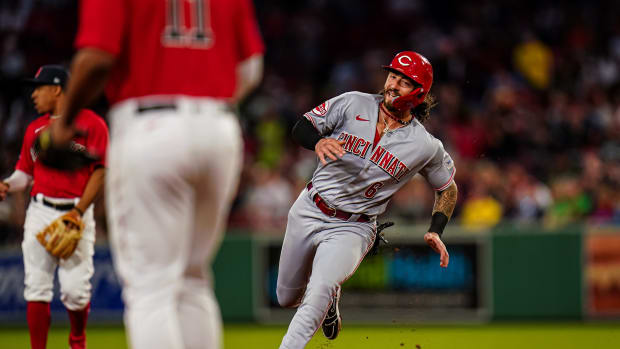 May 30, 2023; Boston, Massachusetts, USA; Cincinnati Reds second baseman Jonathan India (6) scores on a double by right fielder Jake Fraley (27) (not pictured) against the Boston Red Sox in the fifth inning at Fenway Park. Mandatory Credit: David Butler II-USA TODAY Sports  