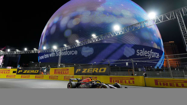 Red Bull driver Max Verstappen races in front of the Sphere during the Las Vegas Grand Prix.