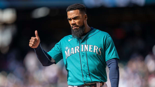 Sep 13, 2023; Seattle, Washington, USA; Seattle Mariners right fielder Teoscar Hernandez (35) gestures toward the dugout during a game against the Los Angeles Angels at T-Mobile Park. Mandatory Credit: Stephen Brashear-USA TODAY Sports  