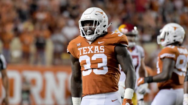 Sep 15, 2018; Austin, TX, USA; Texas Longhorns linebacker Gary Johnson (33) reacts during the second half against the Southern California Trojans at Darrell K Royal-Texas Memorial Stadium. Mandatory Credit: Kirby Lee-USA TODAY Sports 