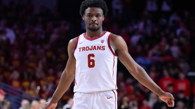 Dec 10, 2023; Los Angeles, California, USA; USC Trojans guard Bronny James (6) waits to shoot a free-throw during the second half against the Long Beach State 49ers at Galen Center.