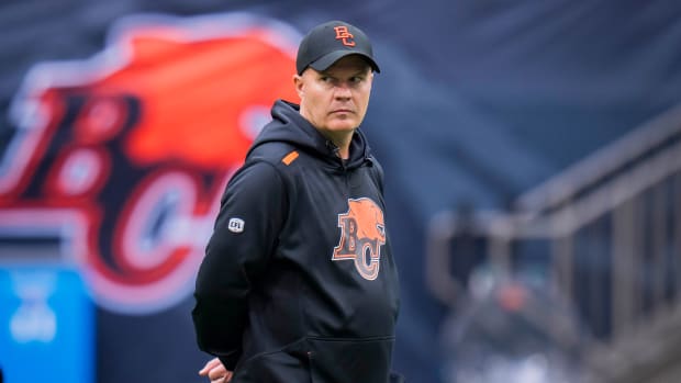 Jun 17, 2023; Vancouver, British Columbia, CAN; BC Lions head coach Rick Campbell watches his players during warm up prior to a game against the Edmonton Elks at BC Place. Mandatory Credit: Bob Frid-USA TODAY Sports  