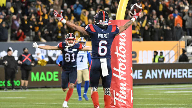 Nov 19, 2023; Hamilton, Ontario, CAN; Montreal Alouettes wide receiver Tyson Philpot (6) celebrates with wide receiver Mack Austin (81) after scoring the winning touchdown against the Winnipeg Blue Bombers with 13 seconds left in the second half at Tim Hortons Field. Mandatory Credit: Dan Hamilton-USA TODAY Sports  