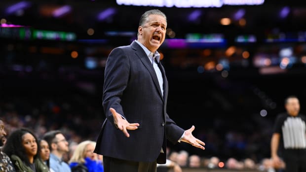 Dec 9, 2023; Philadelphia, Pennsylvania, USA; Kentucky Wildcats head coach John Calipari reacts against the Penn Quakers in the second half at Wells Fargo Center. Mandatory Credit: Kyle Ross-USA TODAY Sports