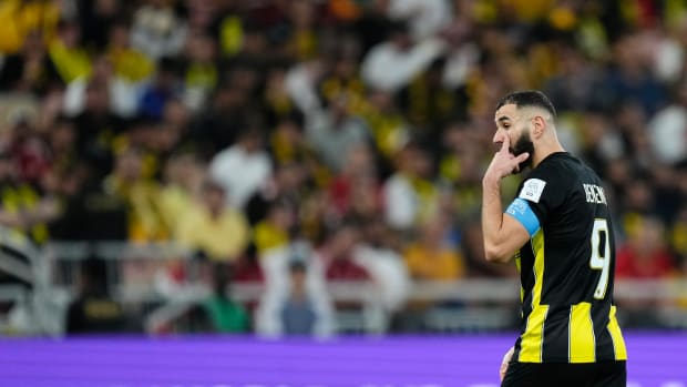 Al-Ittihad captain Karim Benzema pictured moments after failing to convert a penalty kick against Al Ahly during a game at the 2023 FIFA Club World Cup in Saudi Arabia