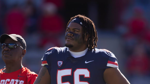 Nov 25, 2022; Tucson, Arizona, USA; Arizona Wildcats offensive lineman Josh Donovan (56) against the Arizona State Sun Devils during the Territorial Cup at Arizona Stadium. Mandatory Credit: Mark J. Rebilas-USA TODAY Sports  