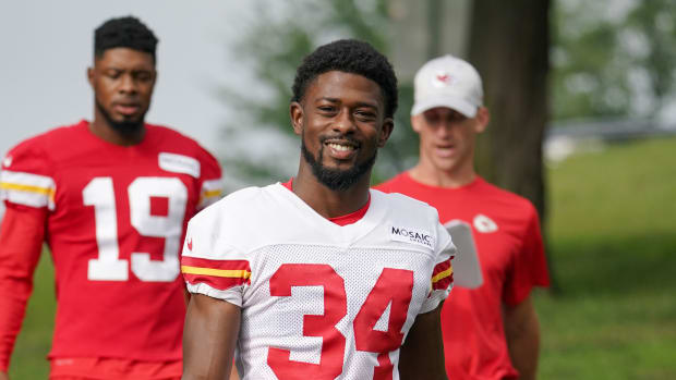 Jul 27, 2022; St. Joseph, MO, USA; Kansas City Chiefs defensive back Brandin Dandridge (34) walks down the hill to the field prior to training camp at Missouri Western University. Mandatory Credit: Denny Medley-USA TODAY Sports  