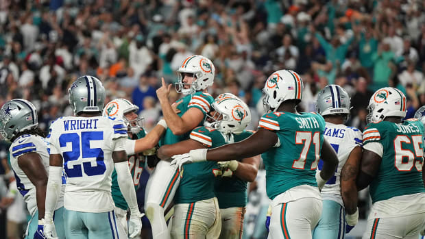 Miami Dolphins kicker Jason Sanders after converting a game-winning field goal against the Dallas Cowboys
