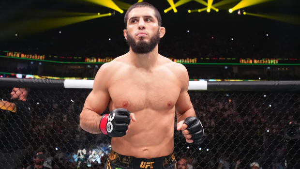 UFC Lightweight Champion Islam Makhachev inside the Octagon for a title defense.