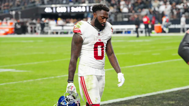 Nov 5, 2023; Paradise, Nevada, USA; New York Giants wide receiver Parris Campbell (0) walks off the field after the Las Vegas Raiders defeated the Giants 30-6 at Allegiant Stadium.