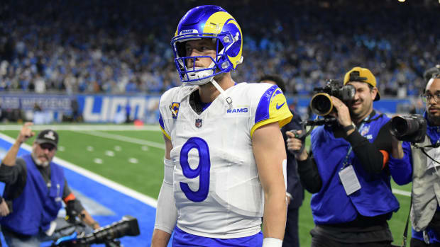 Jan 14, 2024; Detroit, Michigan, USA; Los Angeles Rams quarterback Matthew Stafford (9) walks off the field after losing a 2024 NFC wild card game against the Detroit Lions at Ford Field.
