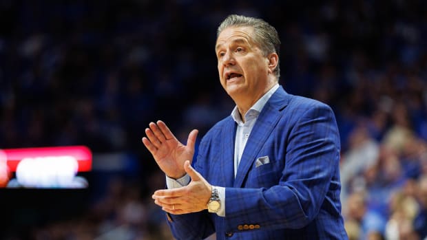 Dec 29, 2023; Lexington, Kentucky, USA; Kentucky Wildcats head coach John Calipari claps during the second half against the Illinois State Redbirds at Rupp Arena at Central Bank Center. Mandatory Credit: Jordan Prather-USA TODAY Sports