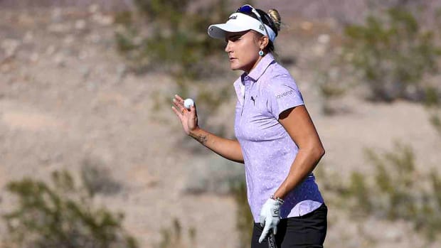 Lexi Thompson waves after making a putt on the sixth hole during the first day of the 2023 Shriners Children's Open in Las Vegas.