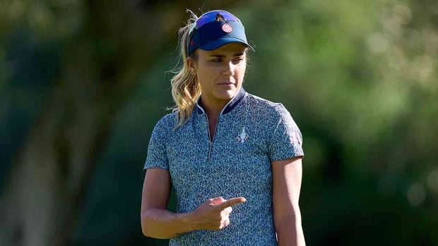 Lexi Thompson of Team USA gestures during practice prior to the 2023 Solheim Cup at Finca Cortesin Golf Club