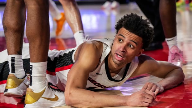 Jan 13, 2024; Athens, Georgia, USA; Georgia Bulldogs guard Jabri Abdur-Rahim (1) on the floor after being fouled against the Tennessee Volunteers during the second half at Stegeman Coliseum. Mandatory Credit: Dale Zanine-USA TODAY Sports