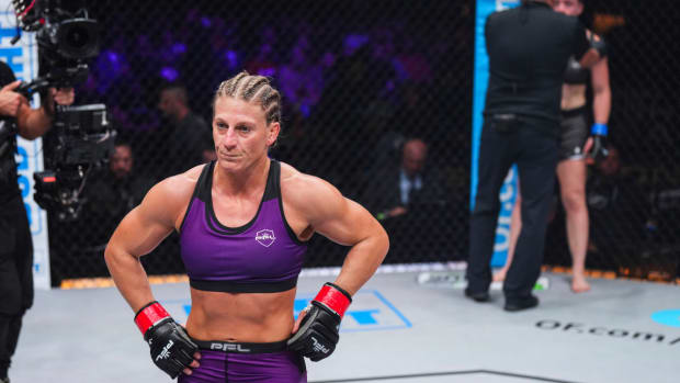 Kayla Harrison heads back to her corner during a PFL fight against former UFC star Aspen Ladd.